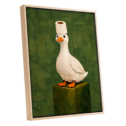 The Roll-Crowned Duck, green, white, orange nature wall art shown as a oak framed canvas wall art