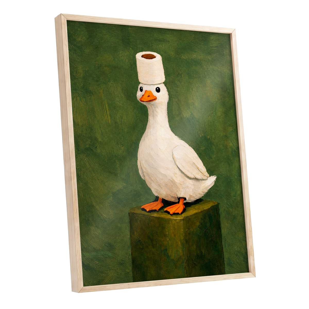 The Roll-Crowned Duck, green, white, orange nature wall art shown as a oak framed poster wall art print