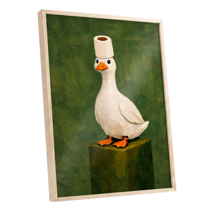 The Roll-Crowned Duck, green, white, orange nature wall art shown as a oak framed poster wall art print