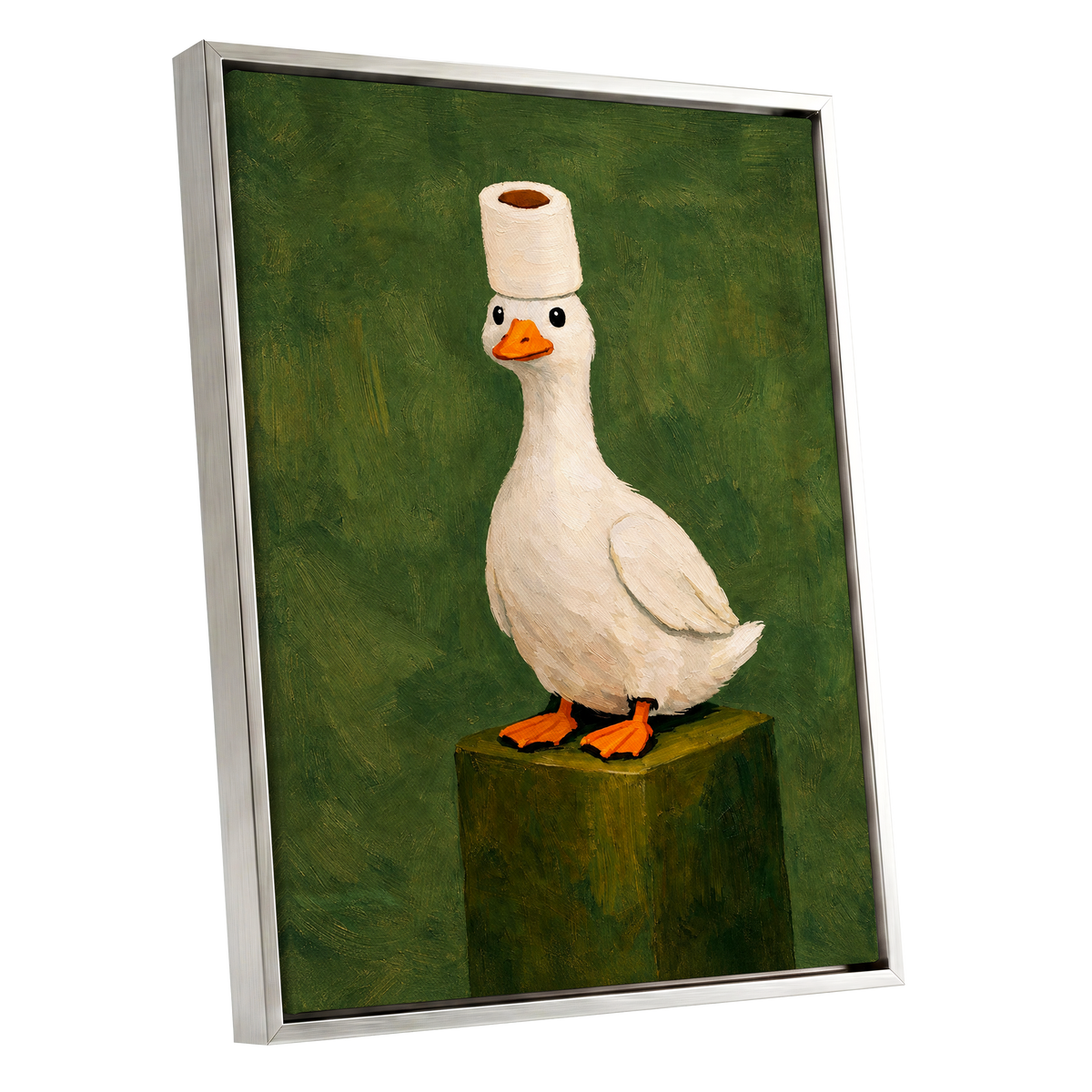 The Roll-Crowned Duck, green, white, orange nature wall art shown as a silver framed canvas wall art