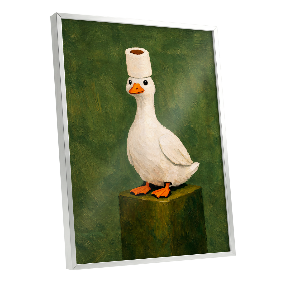 The Roll-Crowned Duck, green, white, orange nature wall art shown as a silver framed poster wall art print