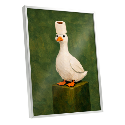 The Roll-Crowned Duck, green, white, orange nature wall art shown as a silver framed poster wall art print
