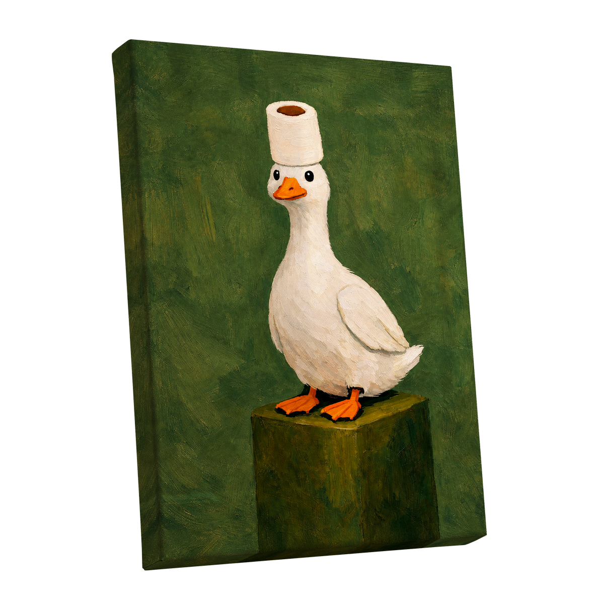 The Roll-Crowned Duck, green, white, orange nature wall art shown as a stretched canvas wall art