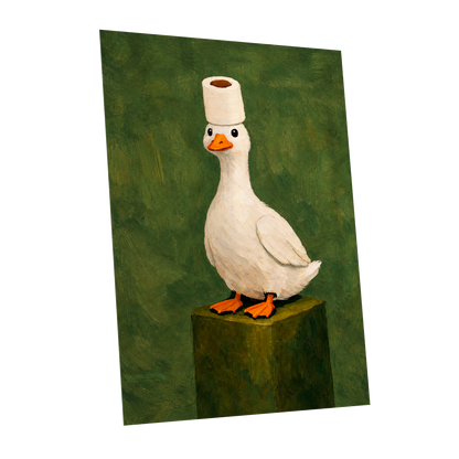 The Roll-Crowned Duck, green, white, orange nature wall art shown as a unframed poster wall art print