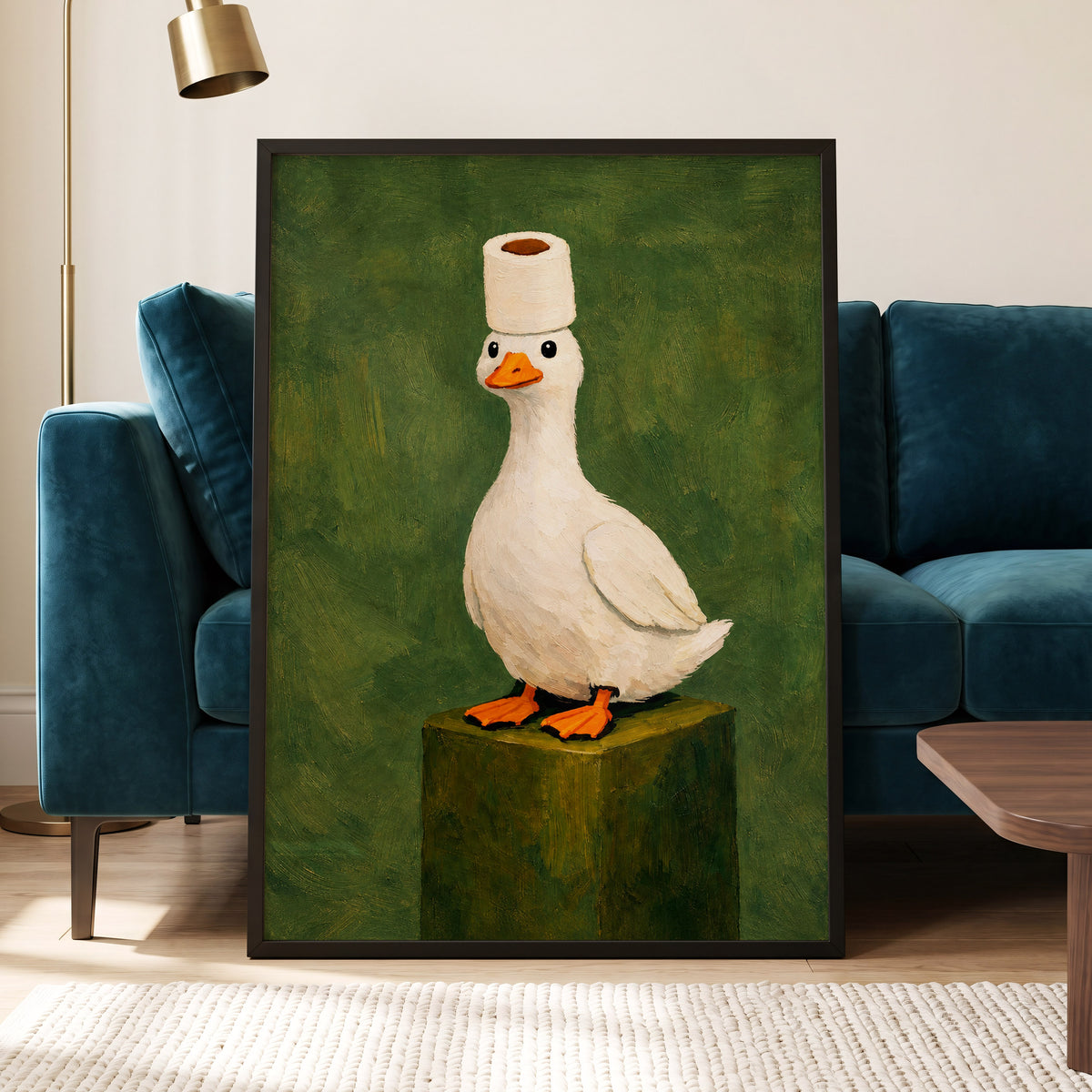 The Roll-Crowned Duck, green, white, orange nature wall art displayed in a styled interior, gallery view 2