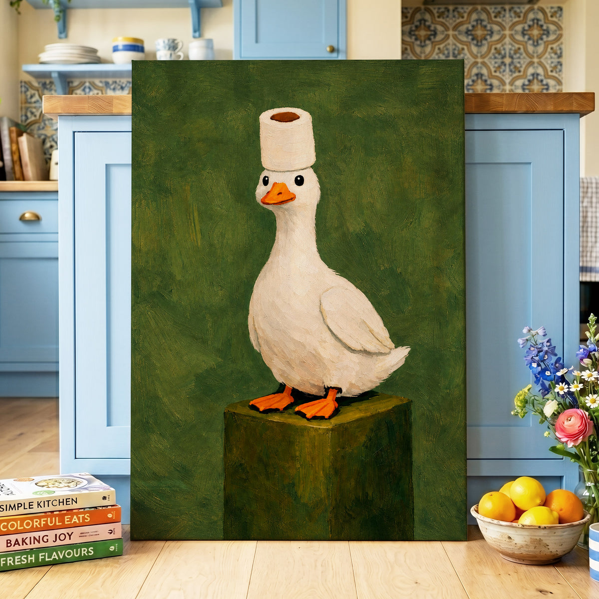 The Roll-Crowned Duck, green, white, orange nature wall art displayed in a styled interior, gallery view 3