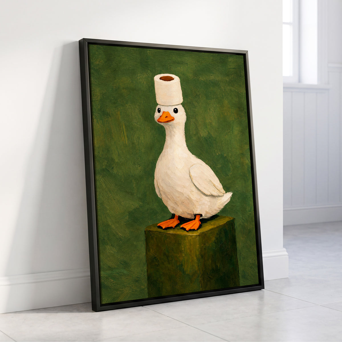 The Roll-Crowned Duck, green, white, orange nature wall art displayed in a styled interior, gallery view 4