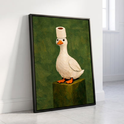 The Roll-Crowned Duck, green, white, orange nature wall art displayed in a styled interior, gallery view 4