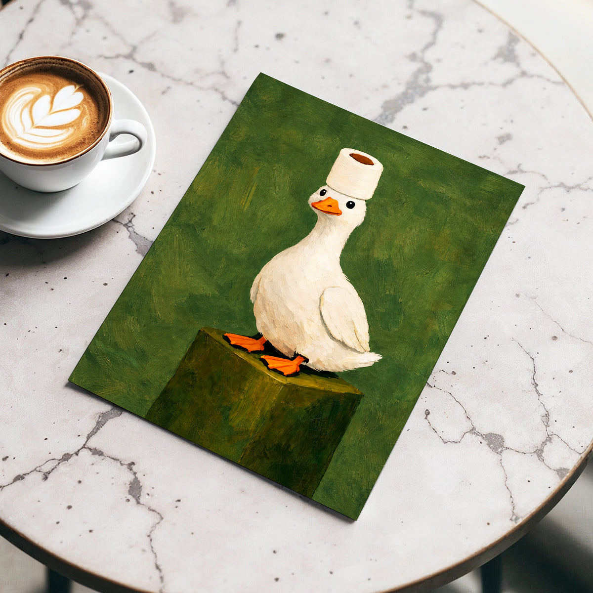 The Roll-Crowned Duck, green, white, orange nature wall art displayed in a styled interior, gallery view 5
