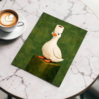 The Roll-Crowned Duck, green, white, orange nature wall art displayed in a styled interior, gallery view 5