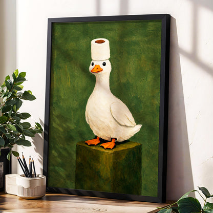 The Roll-Crowned Duck, green, white, orange nature wall art displayed in a styled interior, gallery view 6