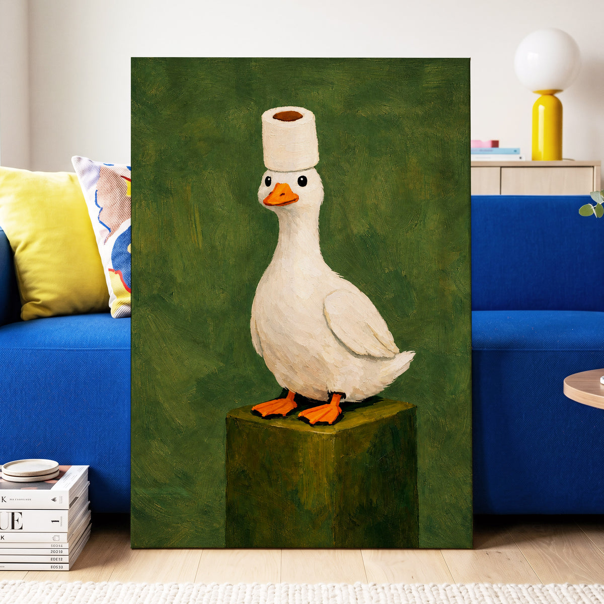 The Roll-Crowned Duck, green, white, orange nature wall art displayed in a styled interior, gallery view 7