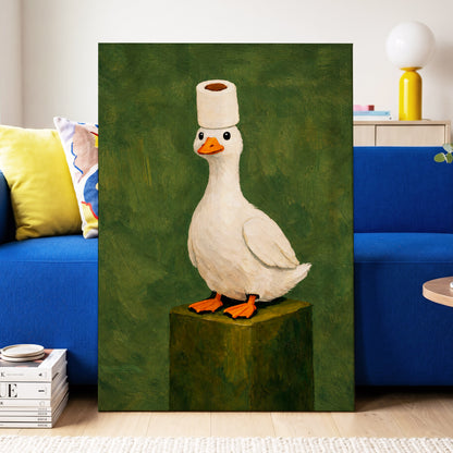 The Roll-Crowned Duck, green, white, orange nature wall art displayed in a styled interior, gallery view 7