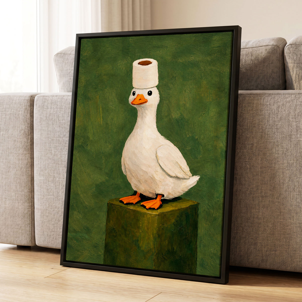The Roll-Crowned Duck, green, white, orange nature wall art displayed in a styled interior, gallery view 8