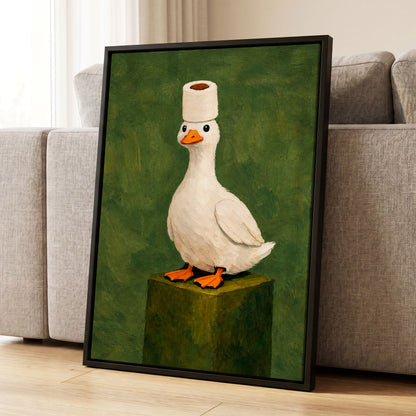 The Roll-Crowned Duck, green, white, orange nature wall art displayed in a styled interior, gallery view 8