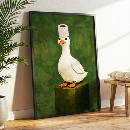The Roll-Crowned Duck, green, white, orange nature wall art displayed in a styled interior, gallery view 9