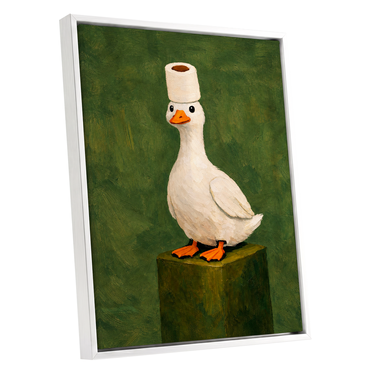 The Roll-Crowned Duck, green, white, orange nature wall art shown as a white framed canvas wall art