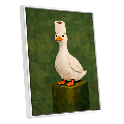 The Roll-Crowned Duck, green, white, orange nature wall art shown as a white framed canvas wall art