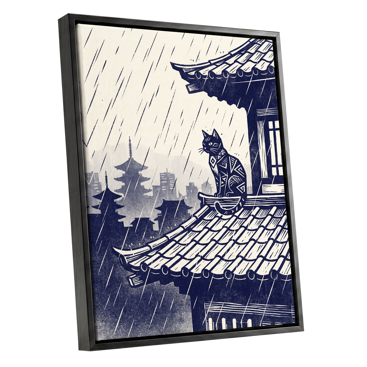 The Rooftop Rainwatcher, blue, beige, gray minimalist wall art shown as a black framed canvas wall art