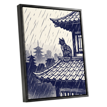 The Rooftop Rainwatcher, blue, beige, gray minimalist wall art shown as a black framed canvas wall art