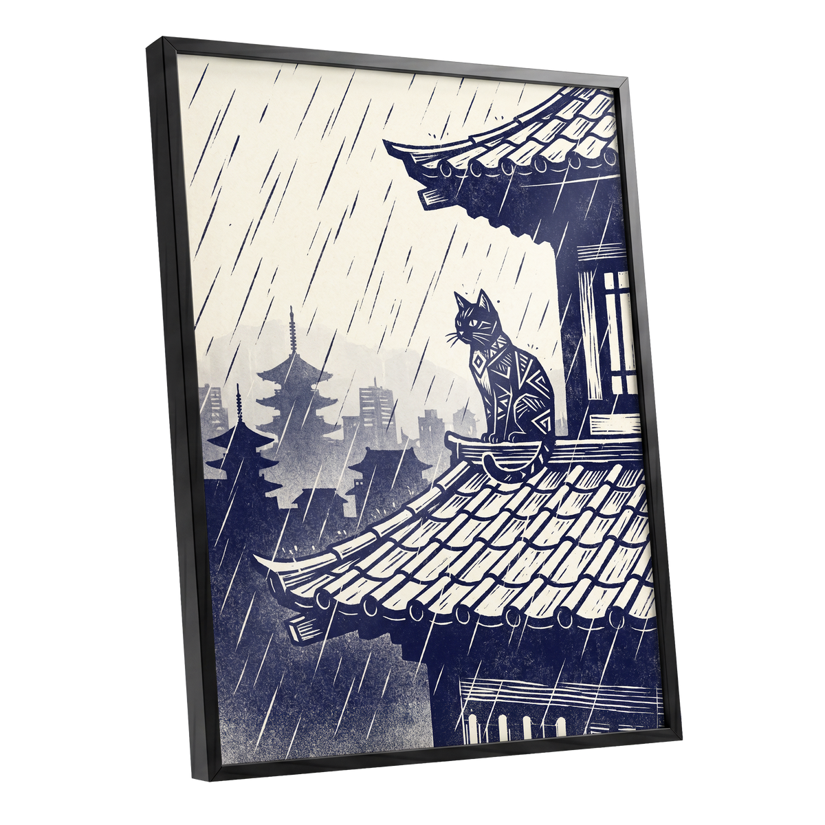 The Rooftop Rainwatcher, blue, beige, gray minimalist wall art shown as a black framed poster wall art print