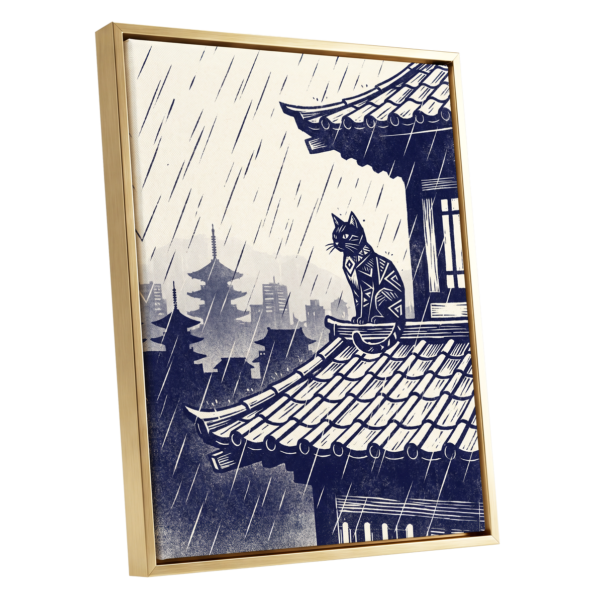 The Rooftop Rainwatcher, blue, beige, gray minimalist wall art shown as a gold framed canvas wall art