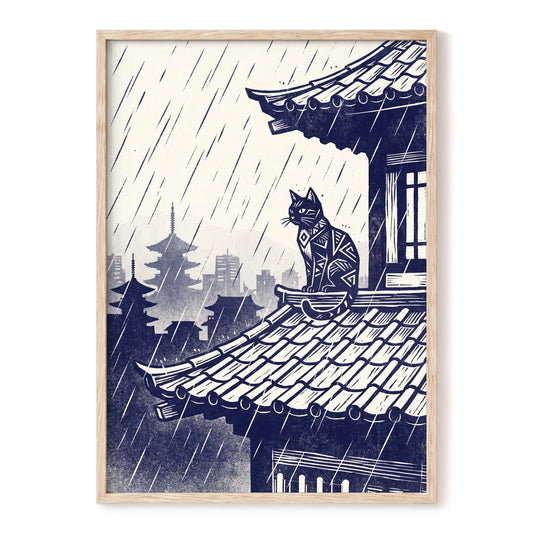 The Rooftop Rainwatcher, blue, beige, gray minimalist wall art, front artwork view