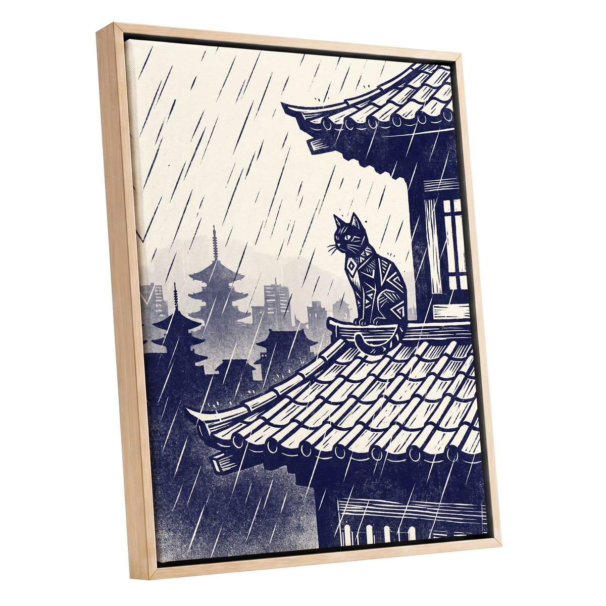 The Rooftop Rainwatcher, blue, beige, gray minimalist wall art shown as a oak framed canvas wall art
