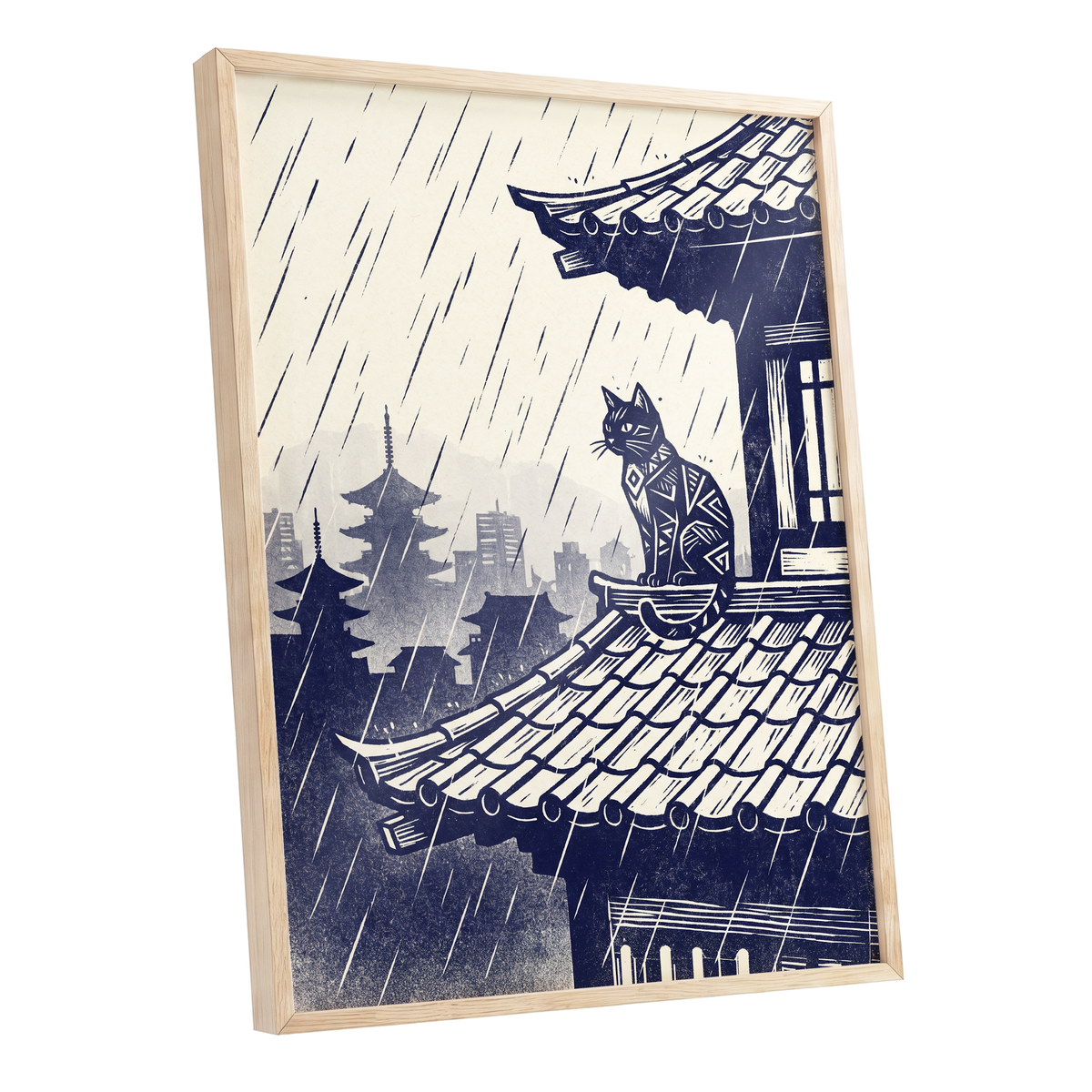 The Rooftop Rainwatcher, blue, beige, gray minimalist wall art shown as a oak framed poster wall art print
