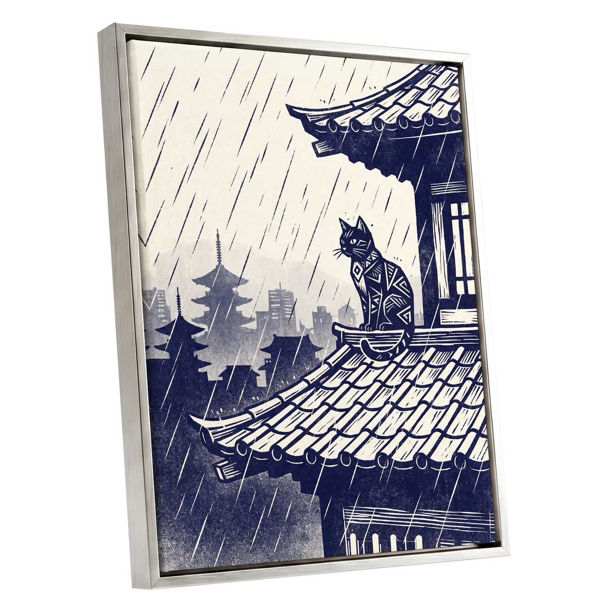 The Rooftop Rainwatcher, blue, beige, gray minimalist wall art shown as a silver framed canvas wall art