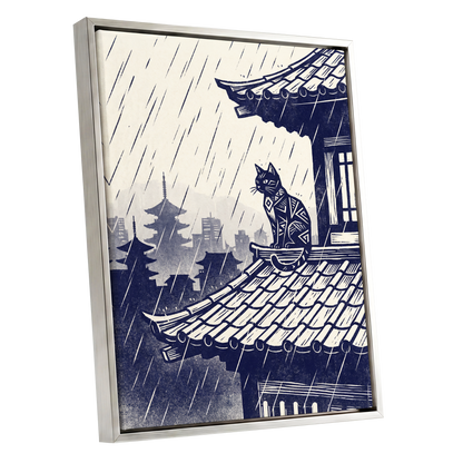 The Rooftop Rainwatcher, blue, beige, gray minimalist wall art shown as a silver framed canvas wall art