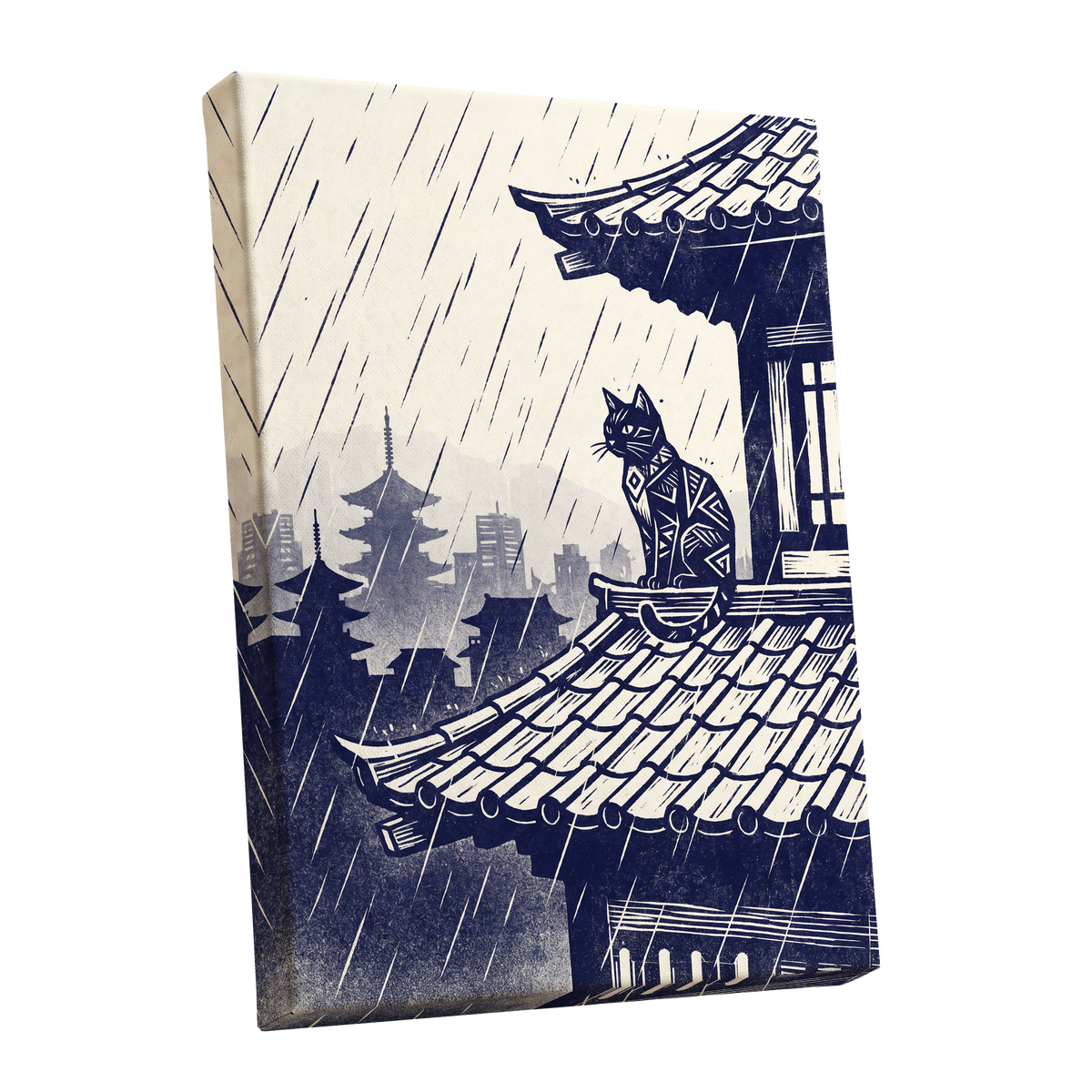 The Rooftop Rainwatcher, blue, beige, gray minimalist wall art shown as a stretched canvas wall art