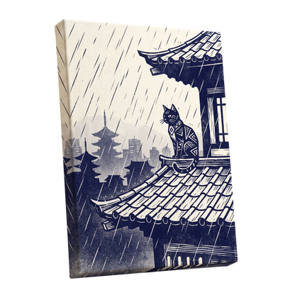 The Rooftop Rainwatcher, blue, beige, gray minimalist wall art shown as a stretched canvas wall art