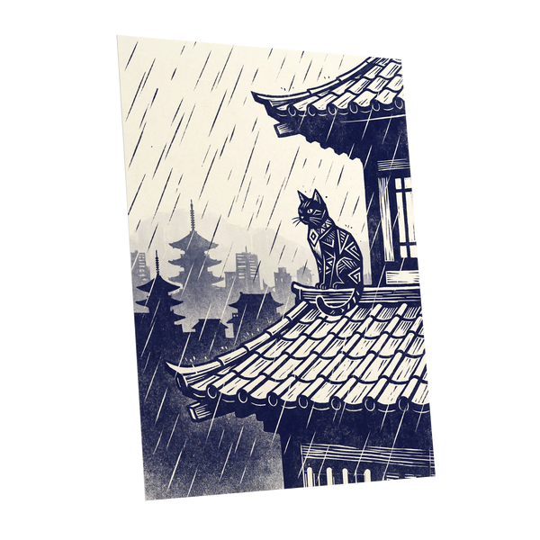 The Rooftop Rainwatcher, blue, beige, gray minimalist wall art shown as a unframed poster wall art print