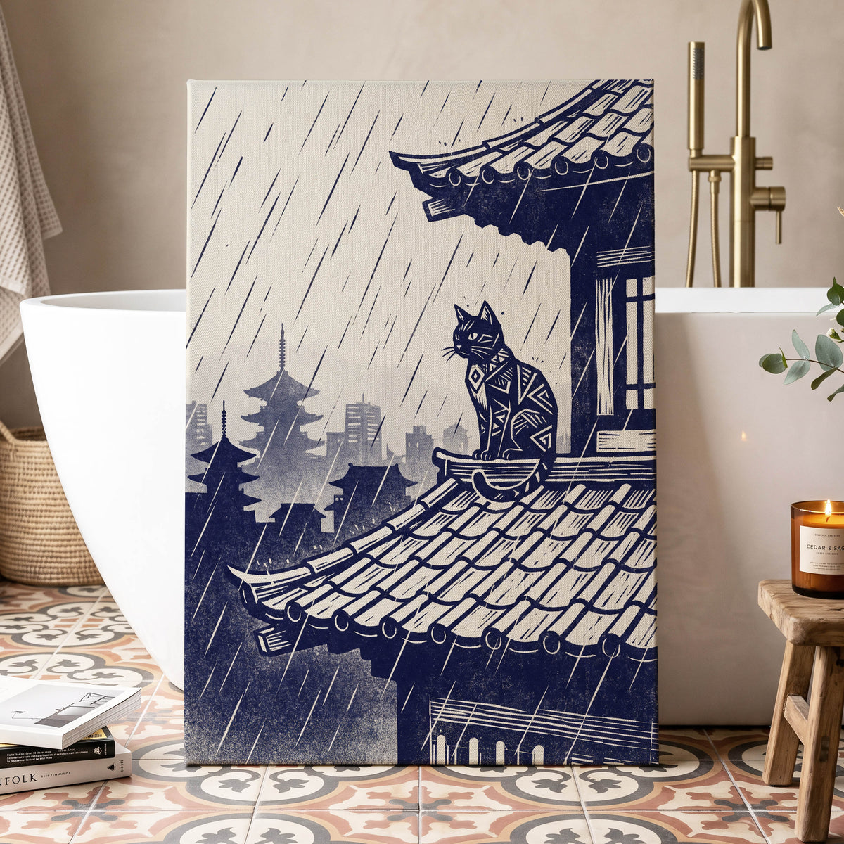 The Rooftop Rainwatcher, blue, beige, gray minimalist wall art displayed in a styled interior, gallery view 3