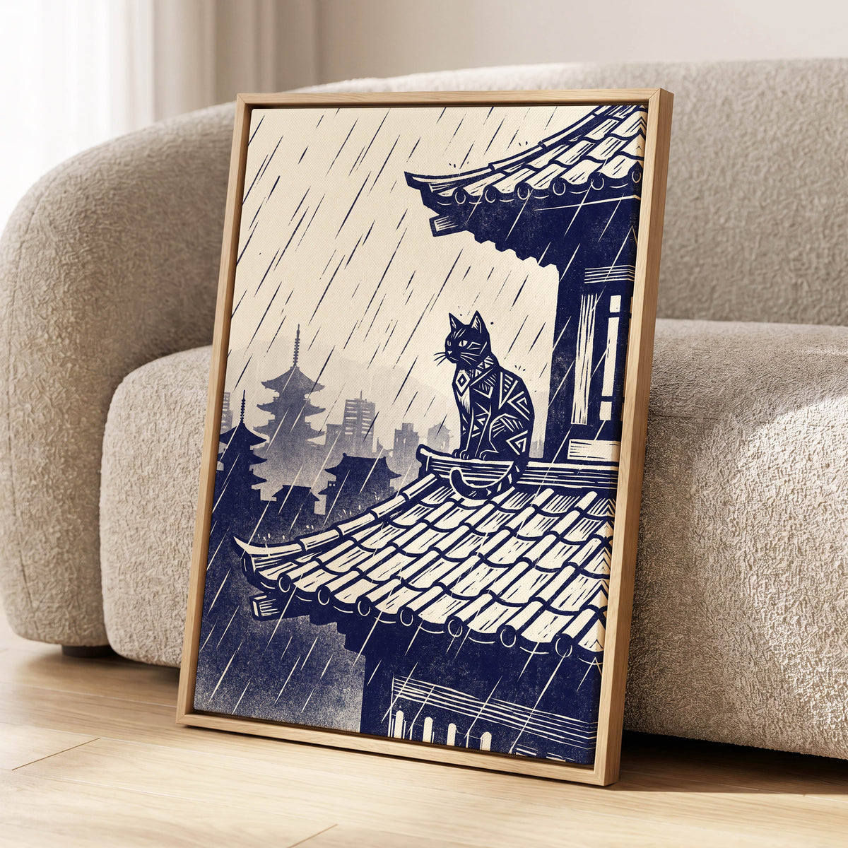 The Rooftop Rainwatcher, blue, beige, gray minimalist wall art displayed in a styled interior, gallery view 4