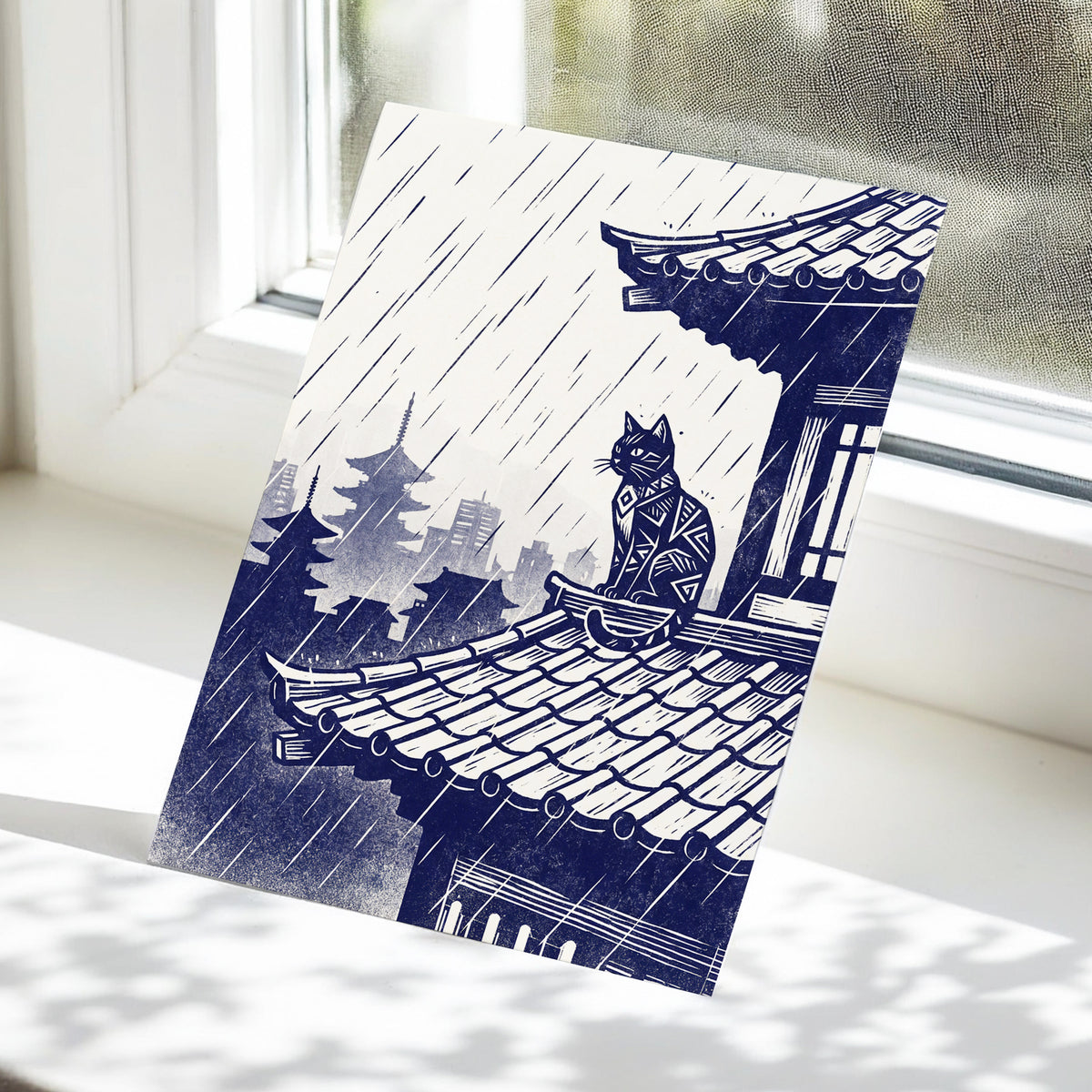 The Rooftop Rainwatcher, blue, beige, gray minimalist wall art displayed in a styled interior, gallery view 5