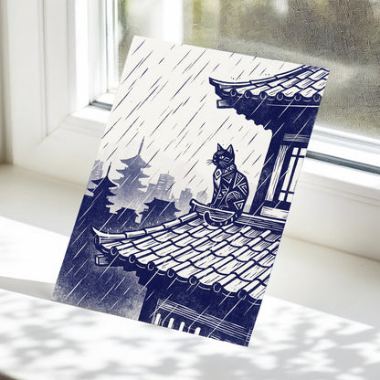 The Rooftop Rainwatcher, blue, beige, gray minimalist wall art displayed in a styled interior, gallery view 5