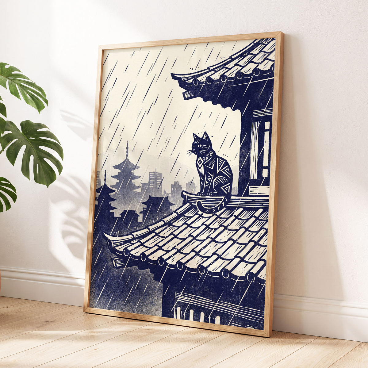 The Rooftop Rainwatcher, blue, beige, gray minimalist wall art displayed in a styled interior, gallery view 6