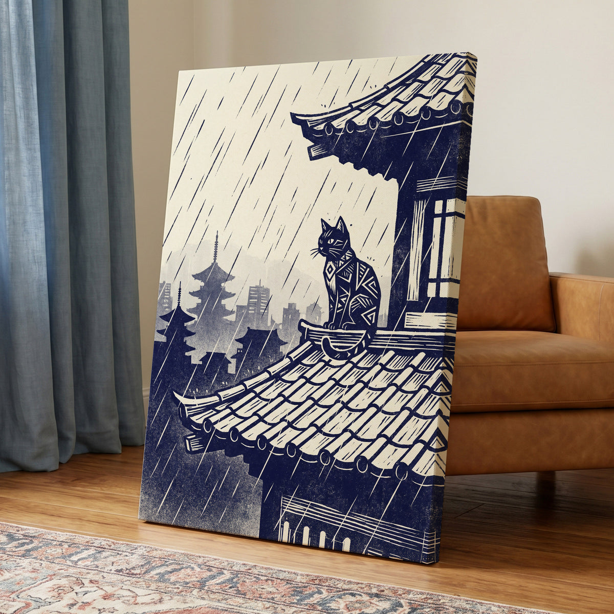 The Rooftop Rainwatcher, blue, beige, gray minimalist wall art displayed in a styled interior, gallery view 7
