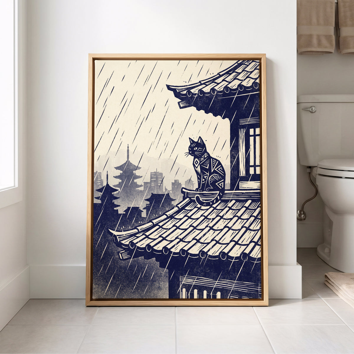 The Rooftop Rainwatcher, blue, beige, gray minimalist wall art displayed in a styled interior, gallery view 8