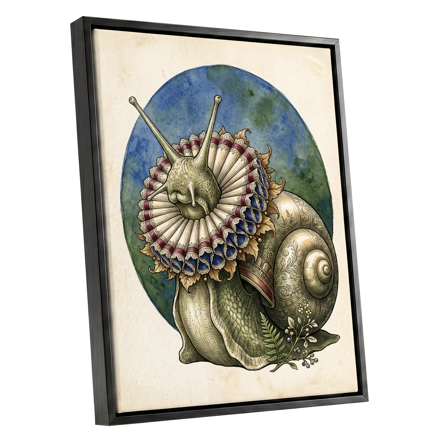 The Ruffled Snail, beige, blue, green nature wall art shown as a black framed canvas wall art
