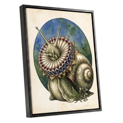 The Ruffled Snail, beige, blue, green nature wall art shown as a black framed canvas wall art