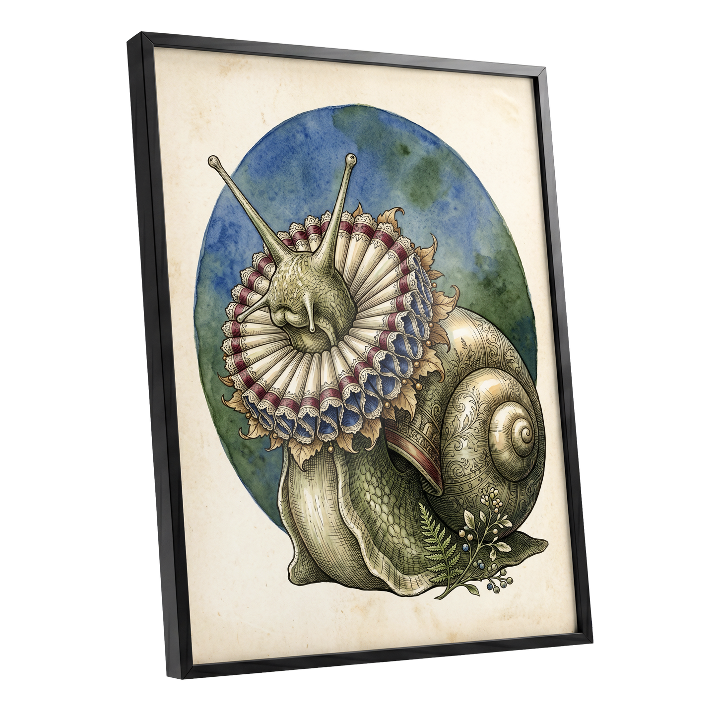 The Ruffled Snail, beige, blue, green nature wall art shown as a black framed poster wall art print