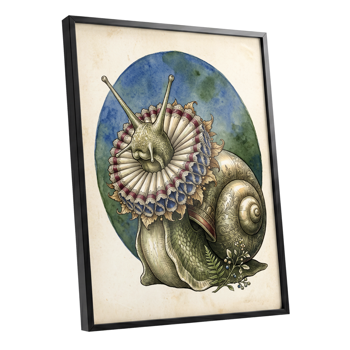 The Ruffled Snail, beige, blue, green nature wall art shown as a black framed poster wall art print