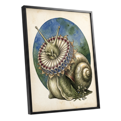 The Ruffled Snail, beige, blue, green nature wall art shown as a black framed poster wall art print