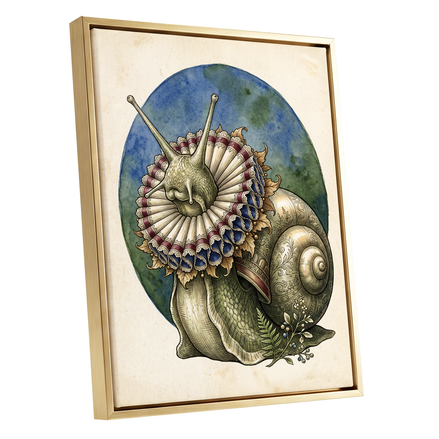 The Ruffled Snail, beige, blue, green nature wall art shown as a gold framed canvas wall art