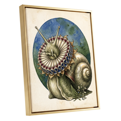 The Ruffled Snail, beige, blue, green nature wall art shown as a gold framed canvas wall art