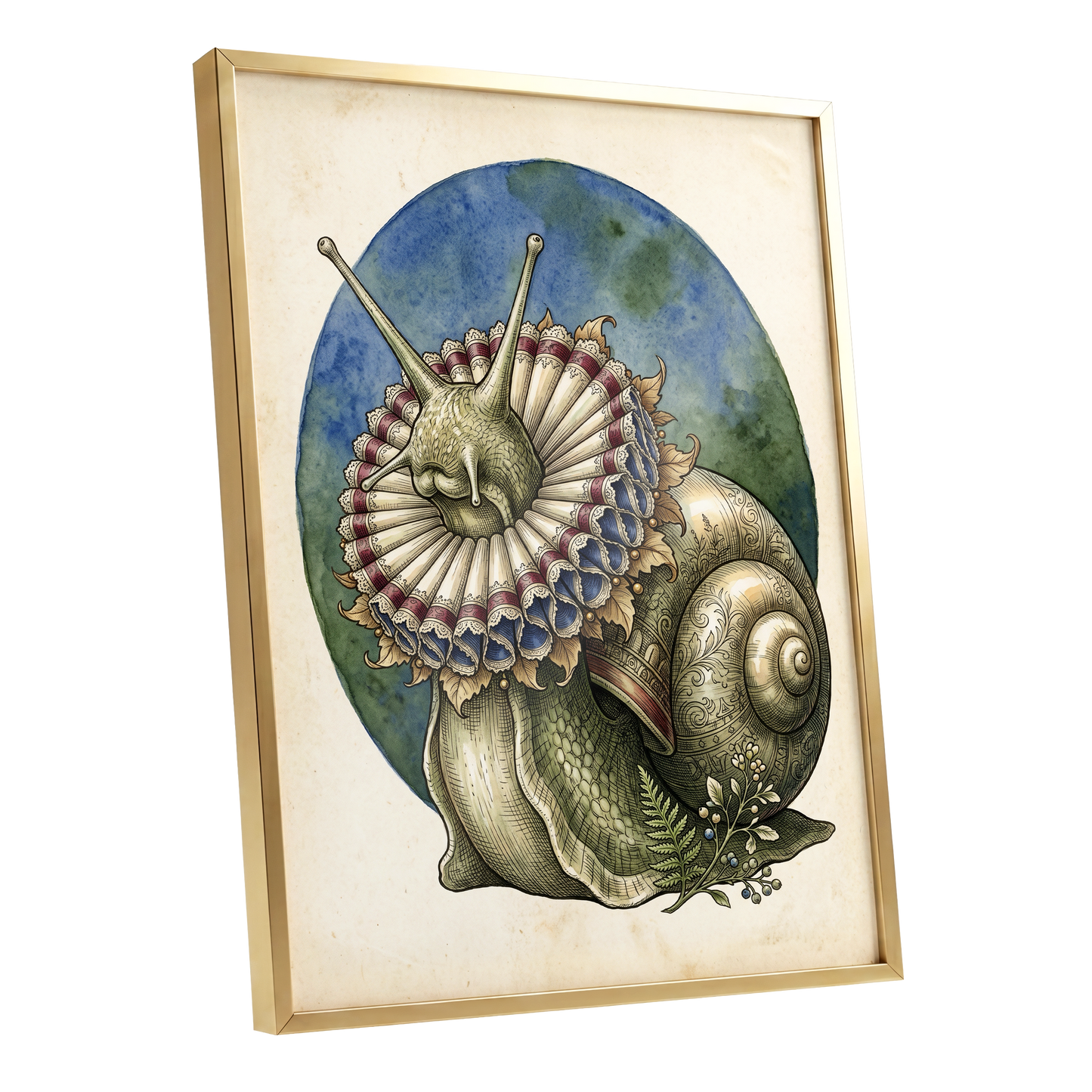 The Ruffled Snail, beige, blue, green nature wall art shown as a gold framed poster wall art print