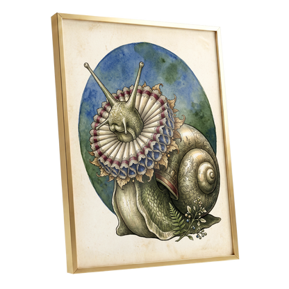 The Ruffled Snail, beige, blue, green nature wall art shown as a gold framed poster wall art print